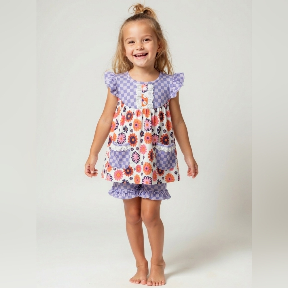 Adorable Sweetness Purple Check Flower Power Shorts Set